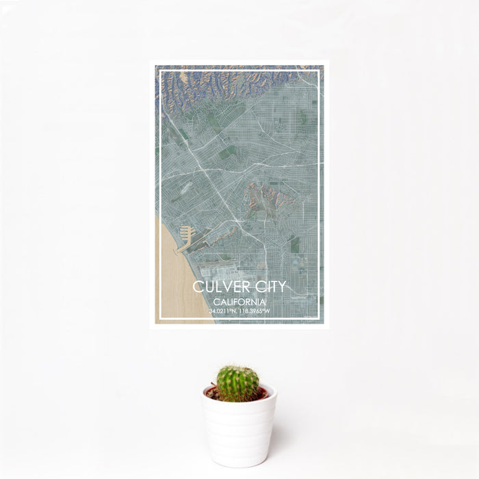 12x18 Culver City California Map Print Portrait Orientation in Afternoon Style With Small Cactus Plant in White Planter