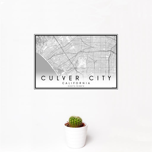 12x18 Culver City California Map Print Landscape Orientation in Classic Style With Small Cactus Plant in White Planter