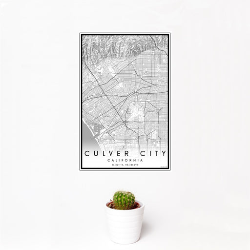 12x18 Culver City California Map Print Portrait Orientation in Classic Style With Small Cactus Plant in White Planter