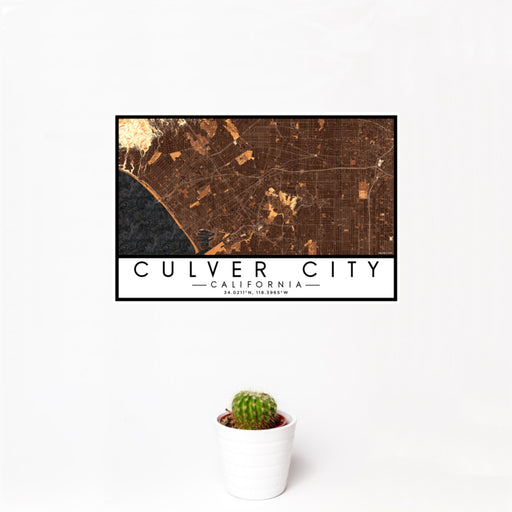 12x18 Culver City California Map Print Landscape Orientation in Ember Style With Small Cactus Plant in White Planter