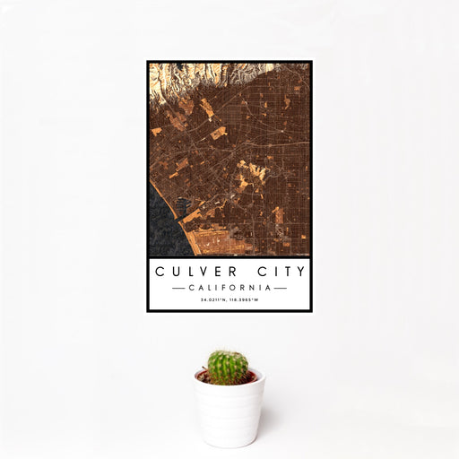 12x18 Culver City California Map Print Portrait Orientation in Ember Style With Small Cactus Plant in White Planter