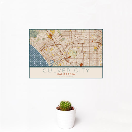 12x18 Culver City California Map Print Landscape Orientation in Woodblock Style With Small Cactus Plant in White Planter