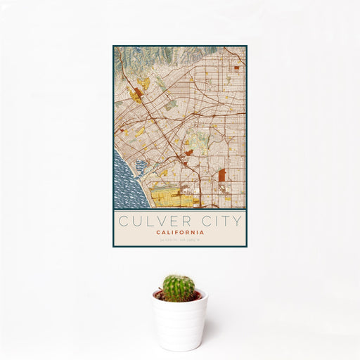 12x18 Culver City California Map Print Portrait Orientation in Woodblock Style With Small Cactus Plant in White Planter