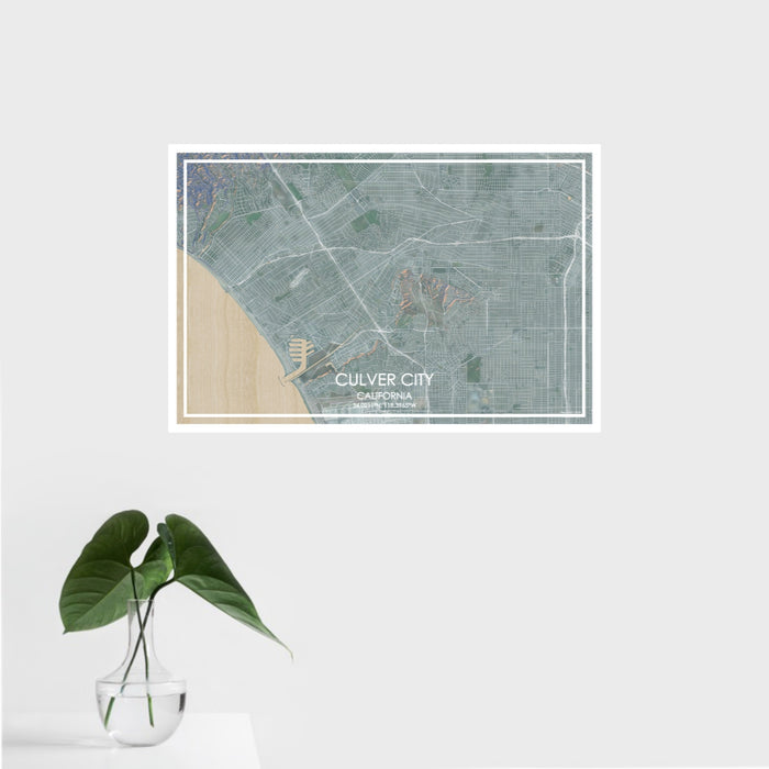 16x24 Culver City California Map Print Landscape Orientation in Afternoon Style With Tropical Plant Leaves in Water