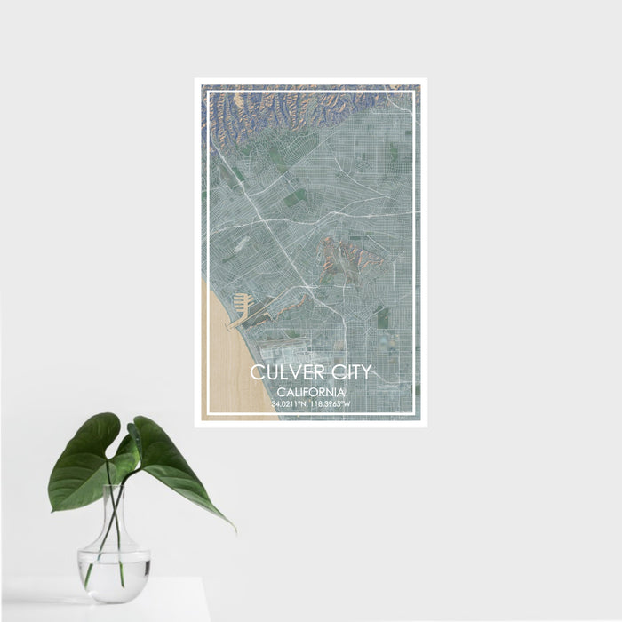 16x24 Culver City California Map Print Portrait Orientation in Afternoon Style With Tropical Plant Leaves in Water