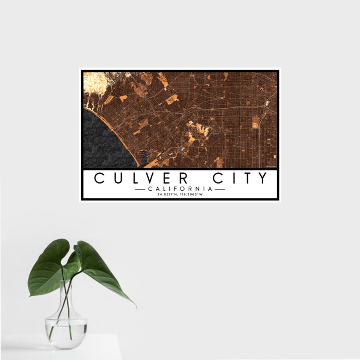 16x24 Culver City California Map Print Landscape Orientation in Ember Style With Tropical Plant Leaves in Water