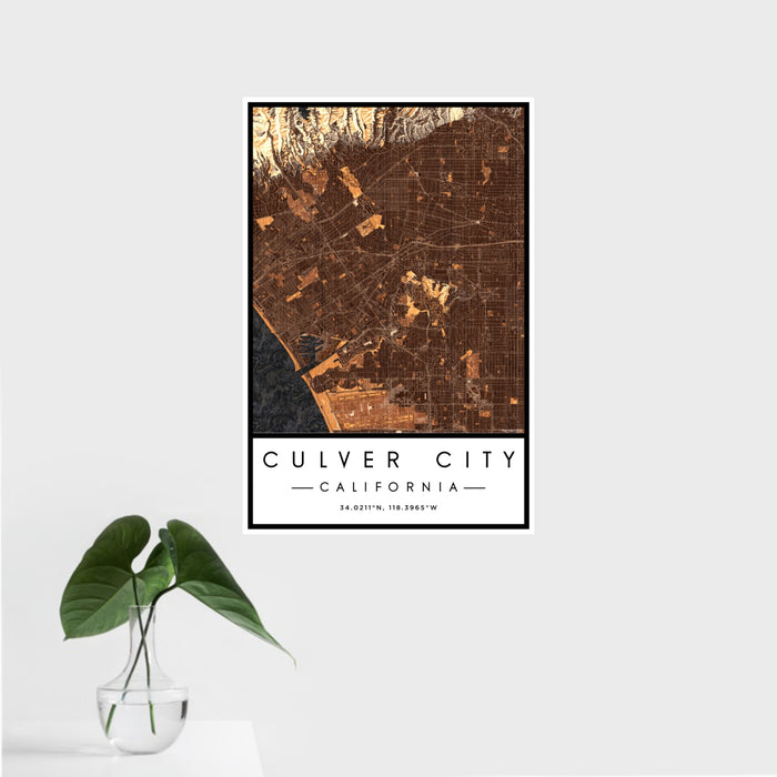 16x24 Culver City California Map Print Portrait Orientation in Ember Style With Tropical Plant Leaves in Water