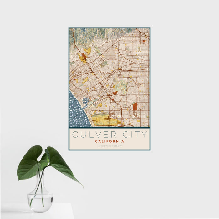 16x24 Culver City California Map Print Portrait Orientation in Woodblock Style With Tropical Plant Leaves in Water