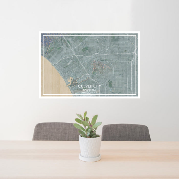 24x36 Culver City California Map Print Lanscape Orientation in Afternoon Style Behind 2 Chairs Table and Potted Plant