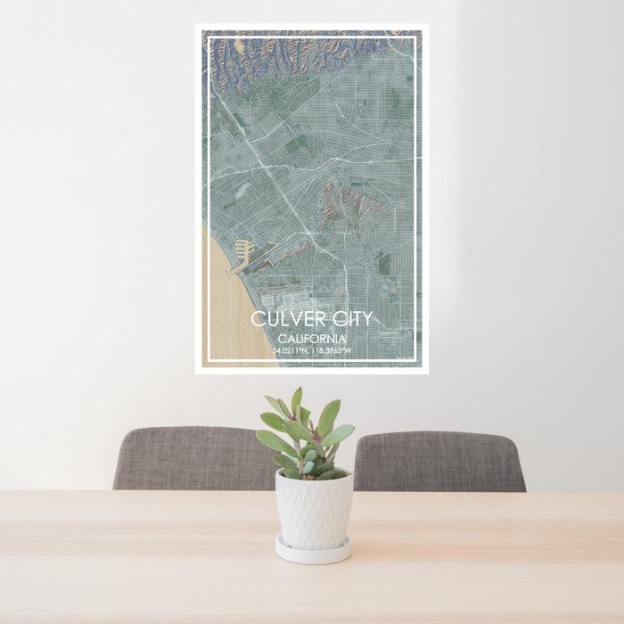 24x36 Culver City California Map Print Portrait Orientation in Afternoon Style Behind 2 Chairs Table and Potted Plant
