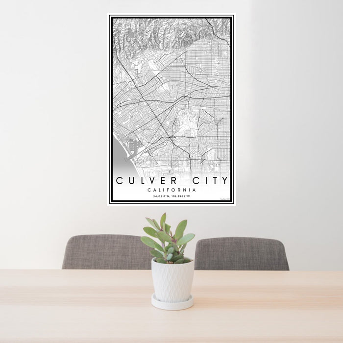 24x36 Culver City California Map Print Portrait Orientation in Classic Style Behind 2 Chairs Table and Potted Plant