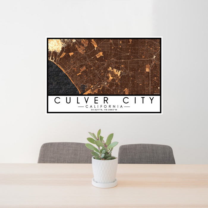 24x36 Culver City California Map Print Lanscape Orientation in Ember Style Behind 2 Chairs Table and Potted Plant