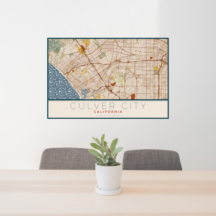 24x36 Culver City California Map Print Lanscape Orientation in Woodblock Style Behind 2 Chairs Table and Potted Plant