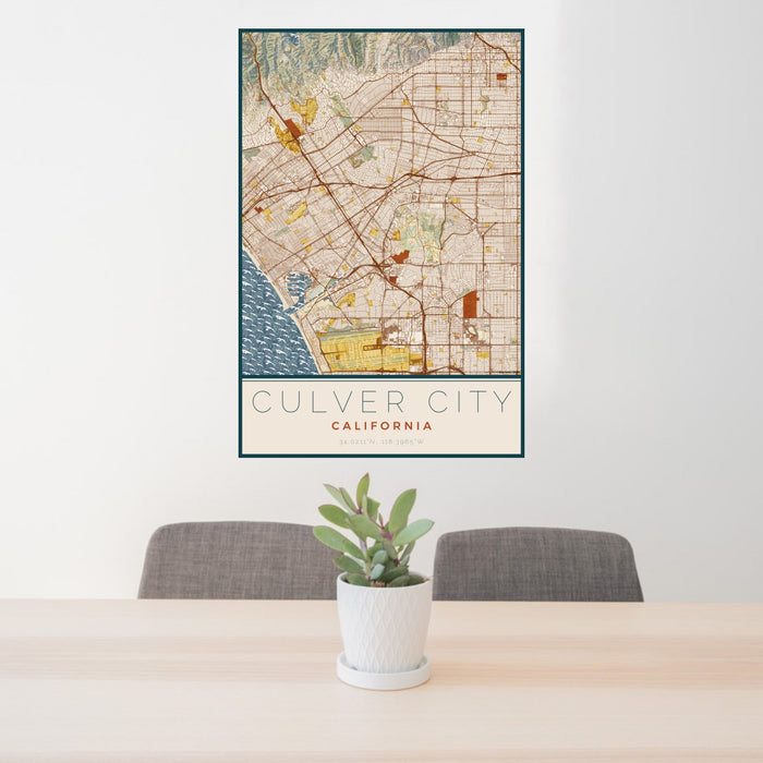 24x36 Culver City California Map Print Portrait Orientation in Woodblock Style Behind 2 Chairs Table and Potted Plant