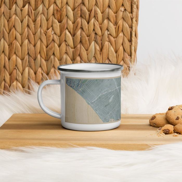 Left View Custom Culver City California Map Enamel Mug in Afternoon on Table Top