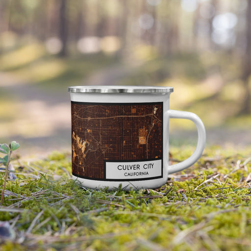 Right View Custom Culver City California Map Enamel Mug in Ember on Grass With Trees in Background