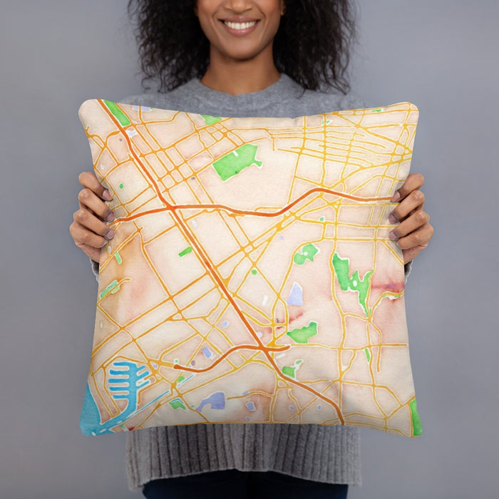 Person holding 18x18 Custom Culver City California Map Throw Pillow in Watercolor