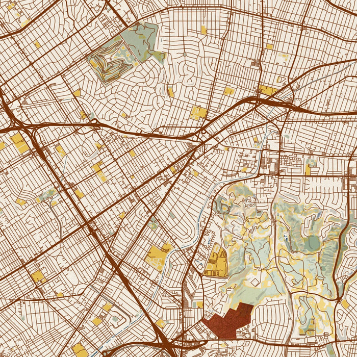 Culver City California Map Print in Woodblock Style Zoomed In Close Up Showing Details