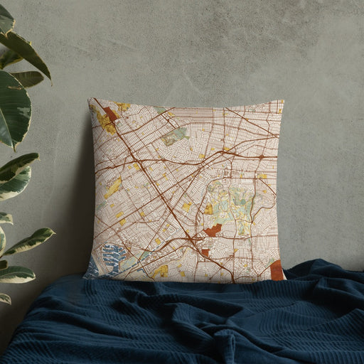 Custom Culver City California Map Throw Pillow in Woodblock on Bedding Against Wall