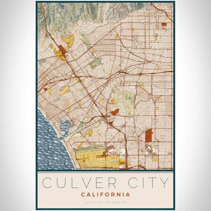 Culver City California Map Print Portrait Orientation in Woodblock Style With Shaded Background
