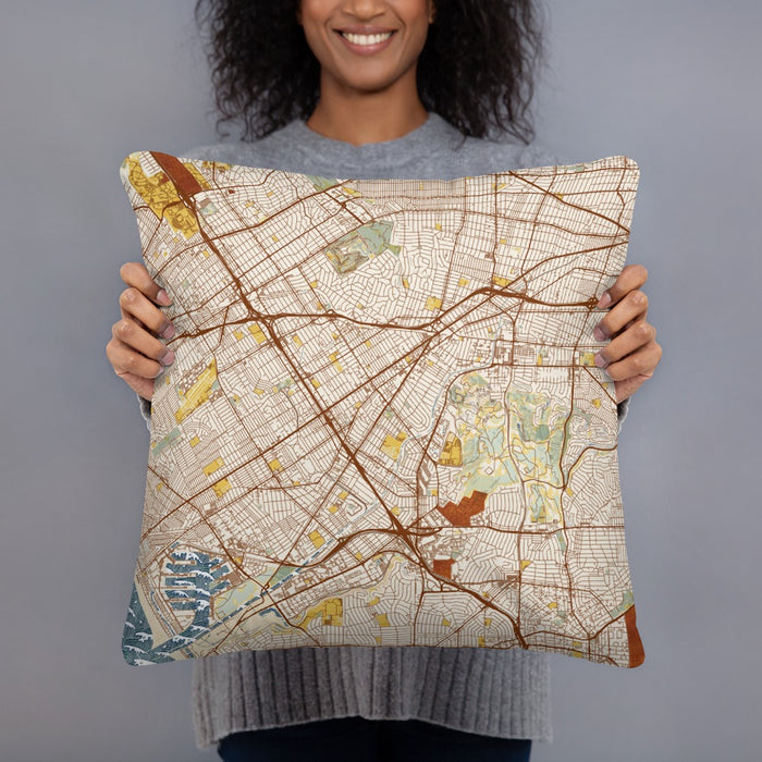 Person holding 18x18 Custom Culver City California Map Throw Pillow in Woodblock