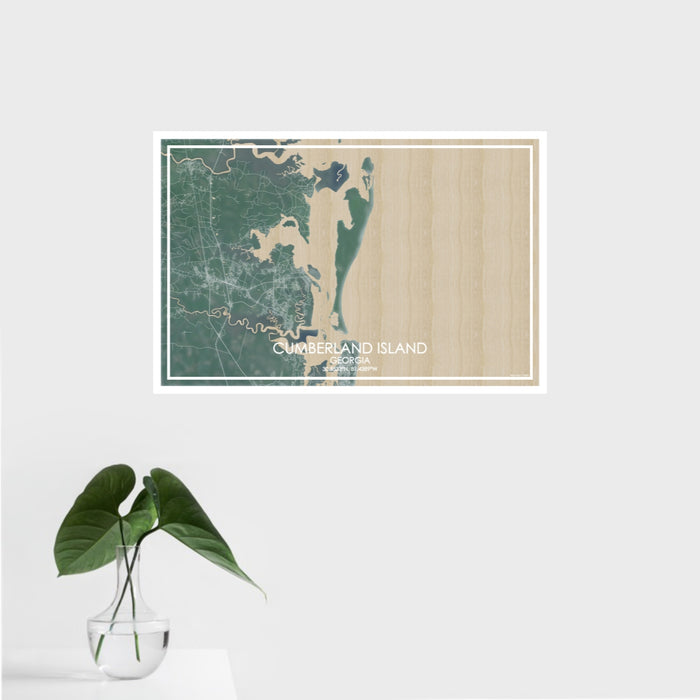 16x24 Cumberland Island Georgia Map Print Landscape Orientation in Afternoon Style With Tropical Plant Leaves in Water