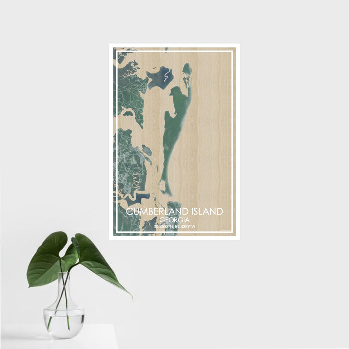 16x24 Cumberland Island Georgia Map Print Portrait Orientation in Afternoon Style With Tropical Plant Leaves in Water