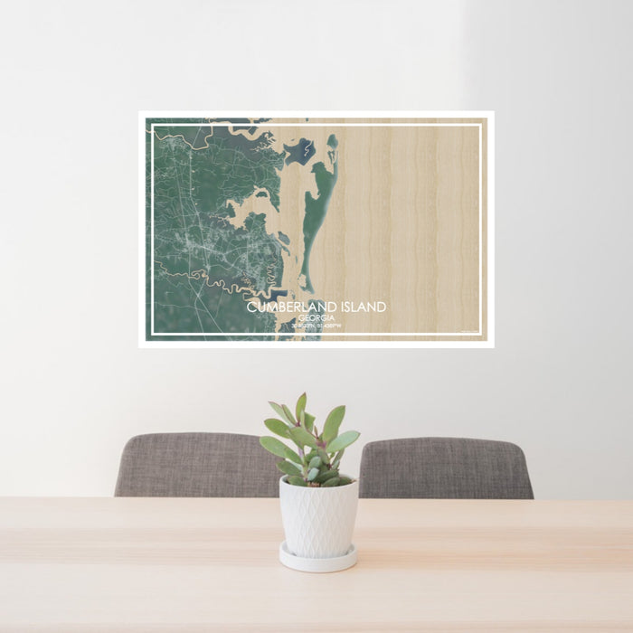 24x36 Cumberland Island Georgia Map Print Lanscape Orientation in Afternoon Style Behind 2 Chairs Table and Potted Plant