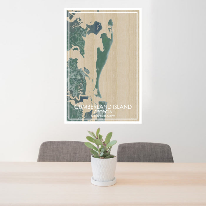 24x36 Cumberland Island Georgia Map Print Portrait Orientation in Afternoon Style Behind 2 Chairs Table and Potted Plant