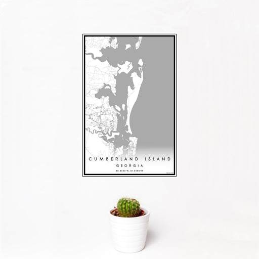 12x18 Cumberland Island Georgia Map Print Portrait Orientation in Classic Style With Small Cactus Plant in White Planter