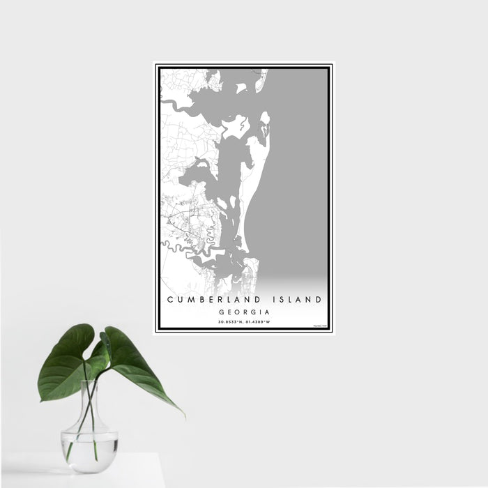 16x24 Cumberland Island Georgia Map Print Portrait Orientation in Classic Style With Tropical Plant Leaves in Water