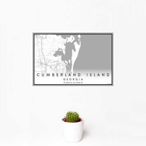12x18 Cumberland Island Georgia Map Print Landscape Orientation in Classic Style With Small Cactus Plant in White Planter