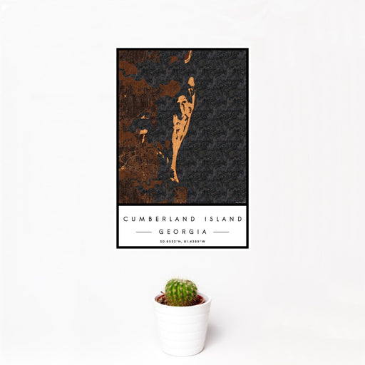 12x18 Cumberland Island Georgia Map Print Portrait Orientation in Ember Style With Small Cactus Plant in White Planter