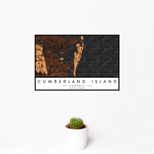 12x18 Cumberland Island Georgia Map Print Landscape Orientation in Ember Style With Small Cactus Plant in White Planter