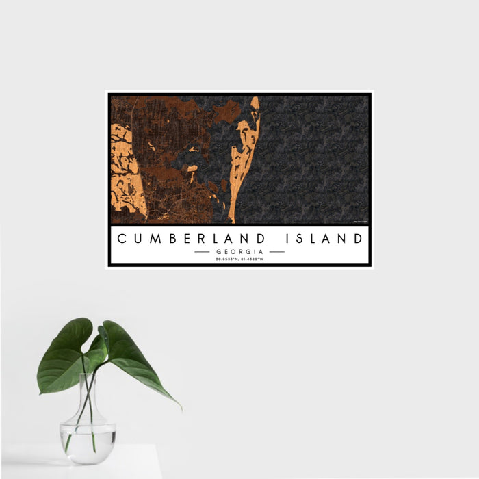16x24 Cumberland Island Georgia Map Print Landscape Orientation in Ember Style With Tropical Plant Leaves in Water