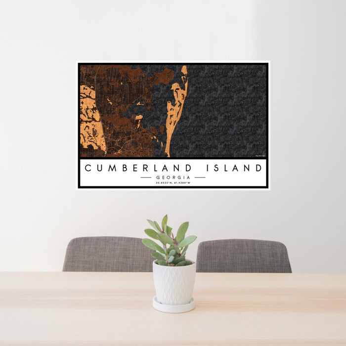 24x36 Cumberland Island Georgia Map Print Landscape Orientation in Ember Style Behind 2 Chairs Table and Potted Plant