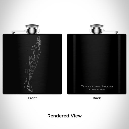 Rendered View of Cumberland Island Georgia Map Engraving on 6oz Stainless Steel Flask in Black