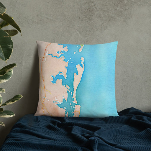 Custom Cumberland Island Georgia Map Throw Pillow in Watercolor on Bedding Against Wall