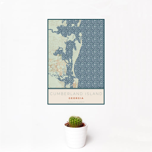12x18 Cumberland Island Georgia Map Print Portrait Orientation in Woodblock Style With Small Cactus Plant in White Planter