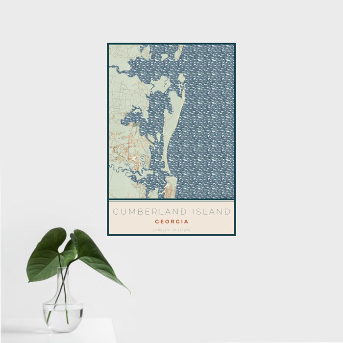 16x24 Cumberland Island Georgia Map Print Portrait Orientation in Woodblock Style With Tropical Plant Leaves in Water