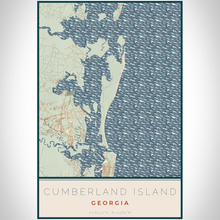 Cumberland Island Georgia Map Print Portrait Orientation in Woodblock Style With Shaded Background