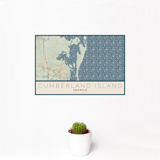 12x18 Cumberland Island Georgia Map Print Landscape Orientation in Woodblock Style With Small Cactus Plant in White Planter