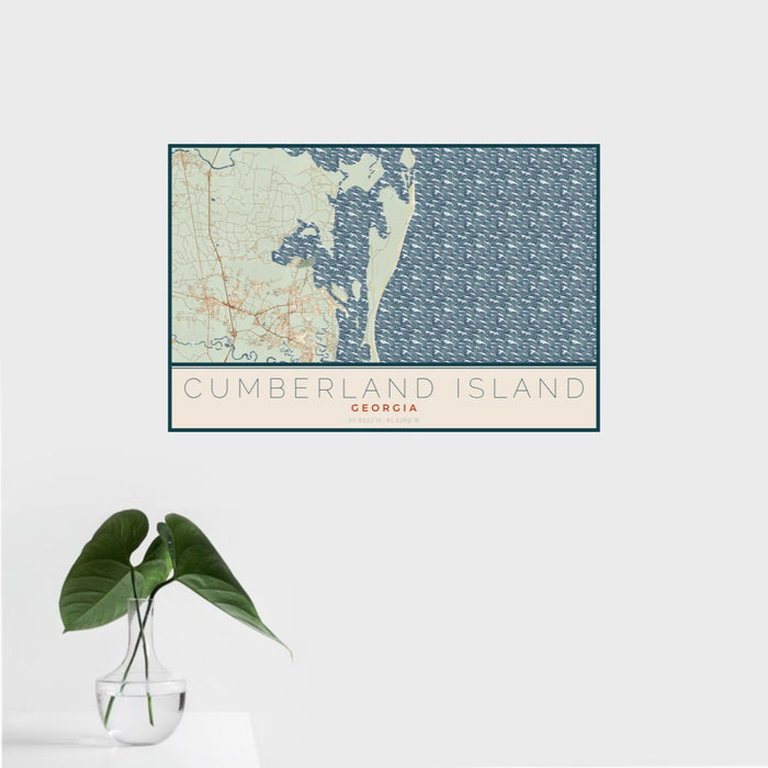 16x24 Cumberland Island Georgia Map Print Landscape Orientation in Woodblock Style With Tropical Plant Leaves in Water