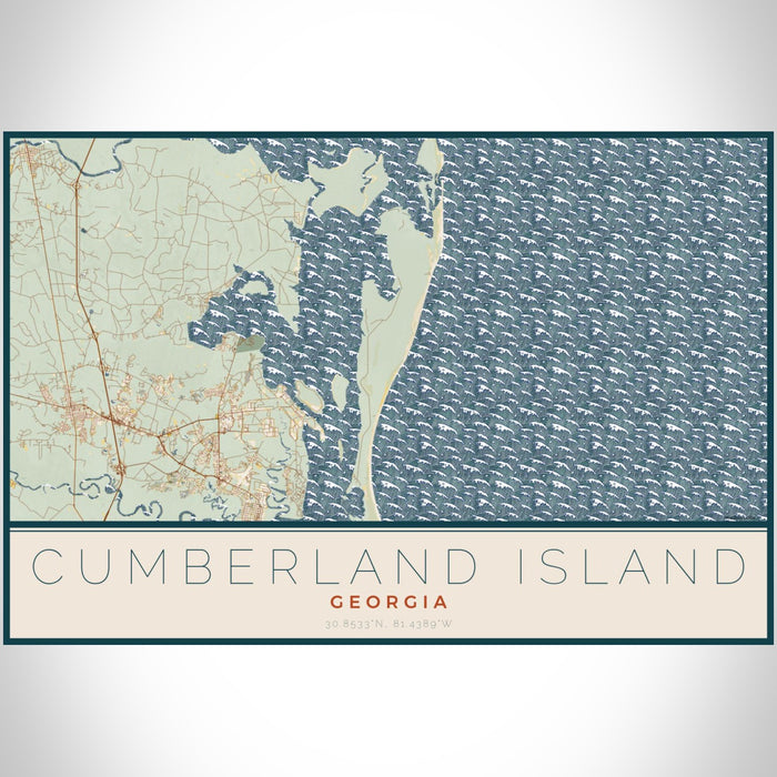 Cumberland Island Georgia Map Print Landscape Orientation in Woodblock Style With Shaded Background
