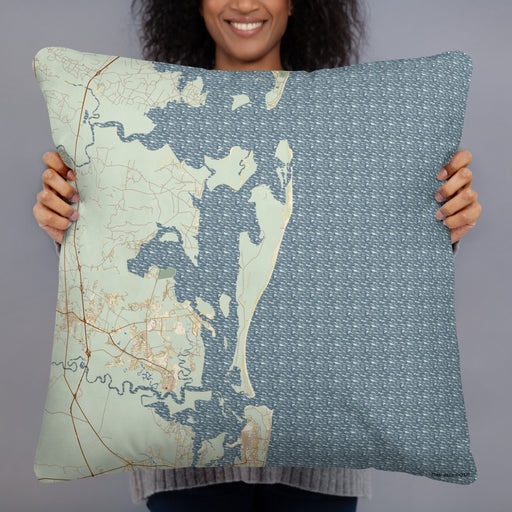 Person holding 22x22 Custom Cumberland Island Georgia Map Throw Pillow in Woodblock