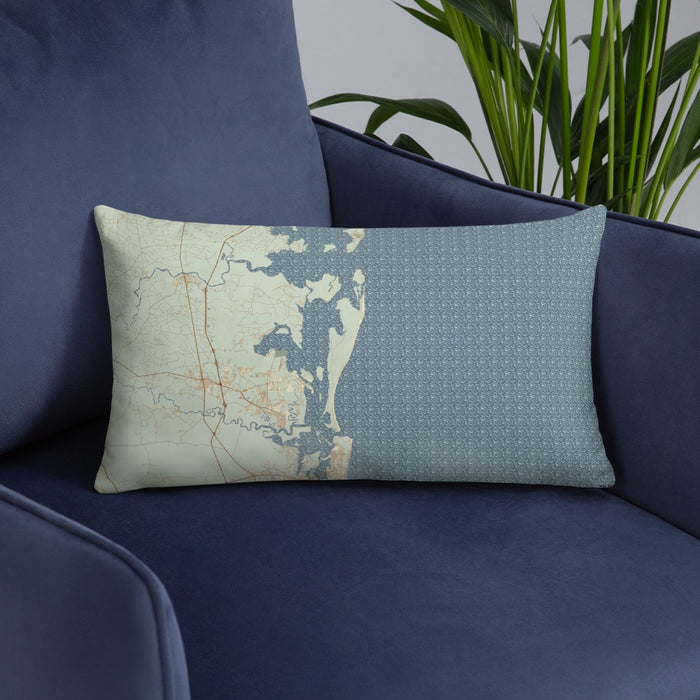 Custom Cumberland Island Georgia Map Throw Pillow in Woodblock on Blue Colored Chair