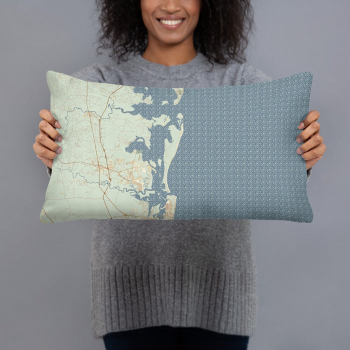 Person holding 20x12 Custom Cumberland Island Georgia Map Throw Pillow in Woodblock