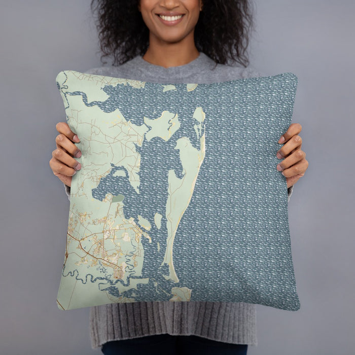 Person holding 18x18 Custom Cumberland Island Georgia Map Throw Pillow in Woodblock