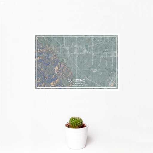 12x18 Cupertino California Map Print Landscape Orientation in Afternoon Style With Small Cactus Plant in White Planter