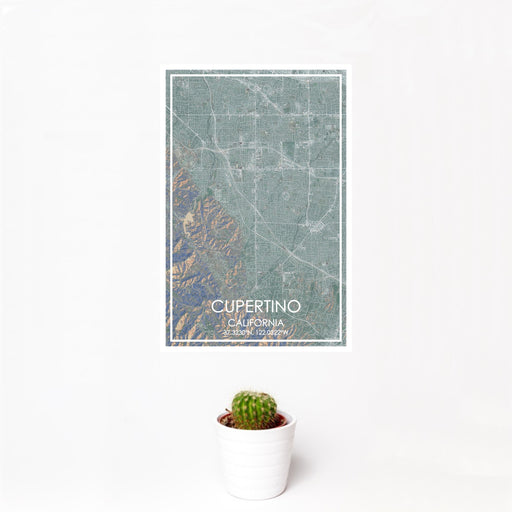 12x18 Cupertino California Map Print Portrait Orientation in Afternoon Style With Small Cactus Plant in White Planter